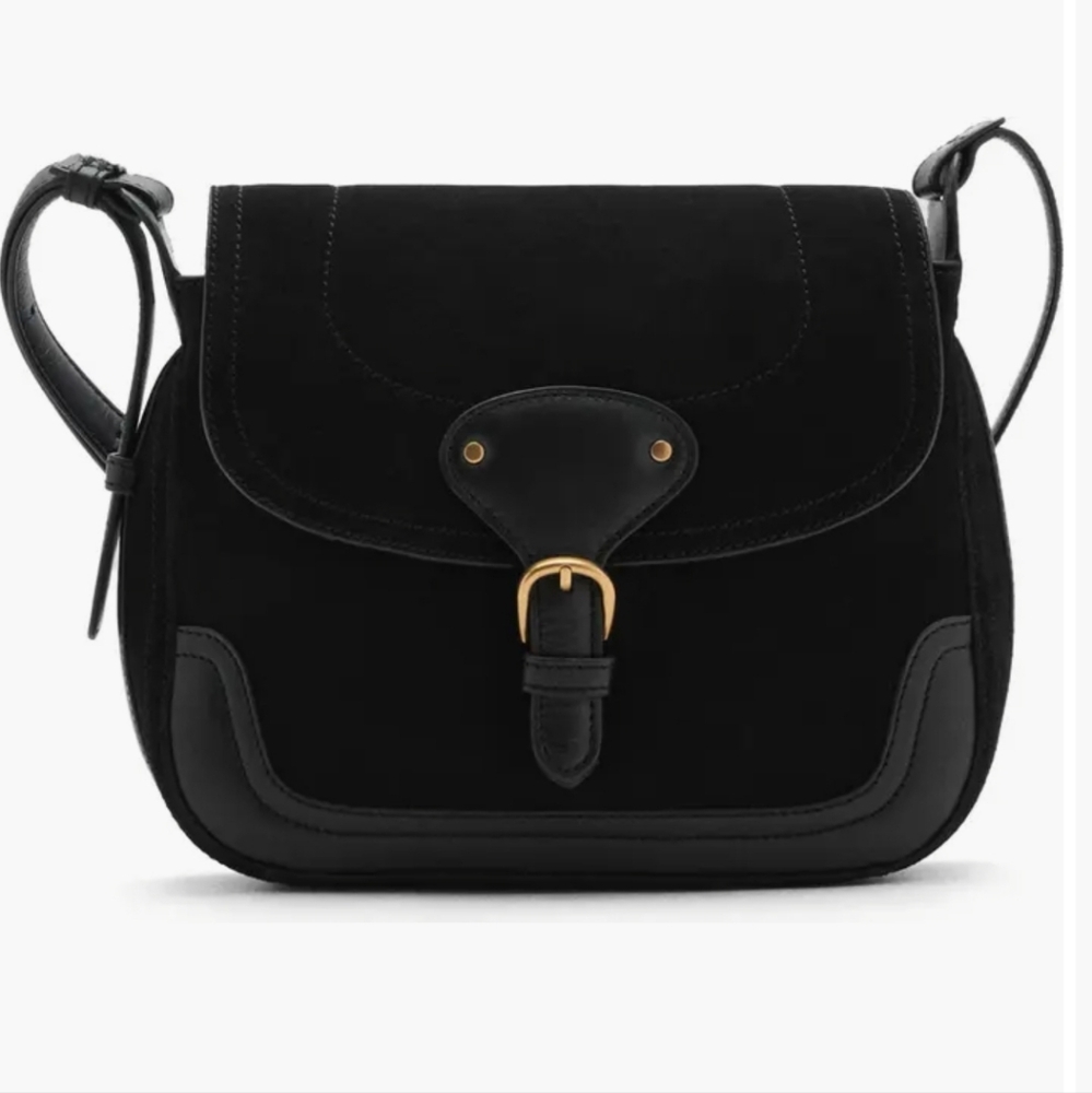 Nwt! Mango Buckle Strap Suede And Leather Shoulder/ Crossbody Bag Black